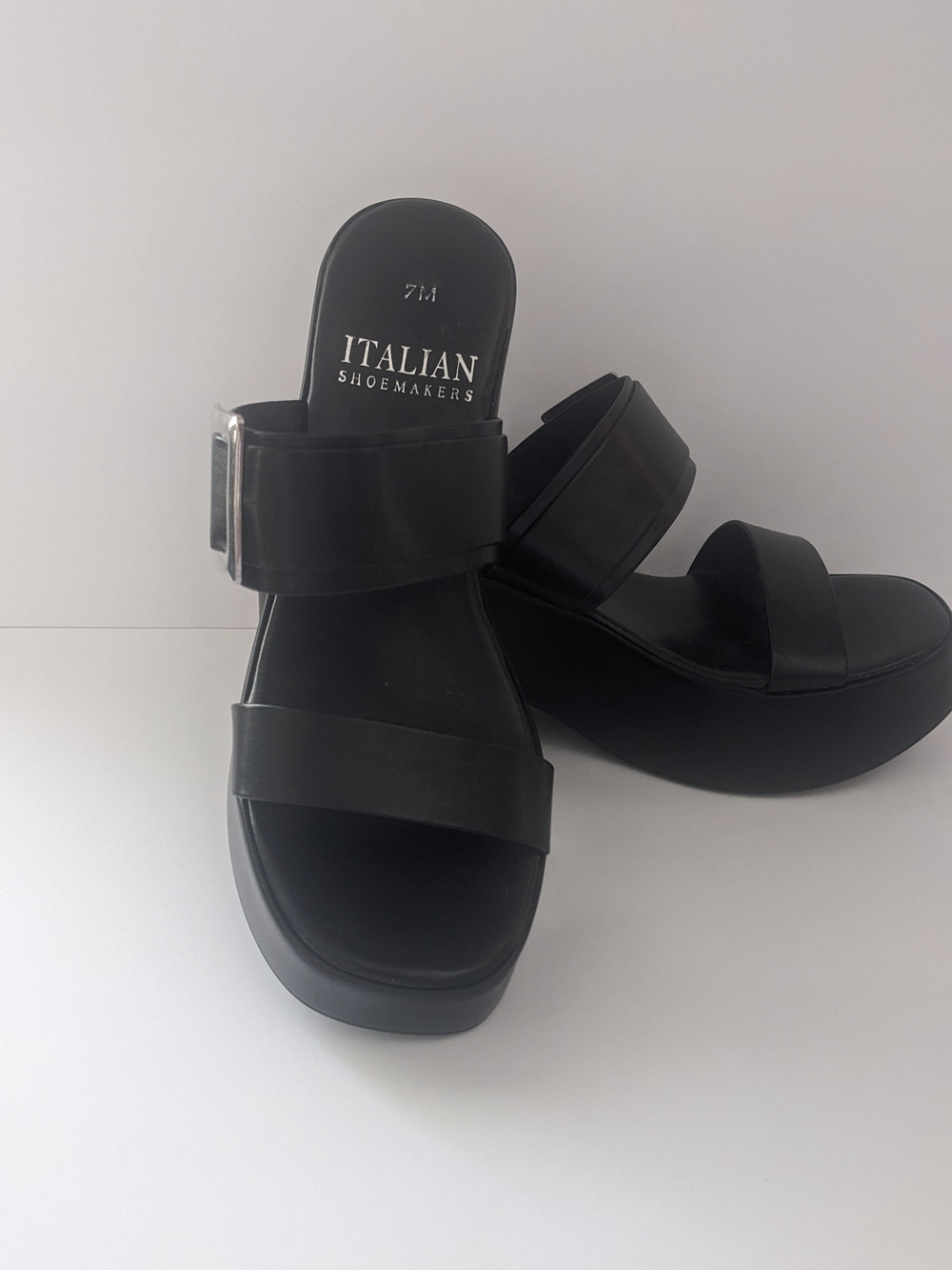 Italian Shoemakers Black Platform Slide Sandals with Silver Buckle 7 - Picture 3 of 8